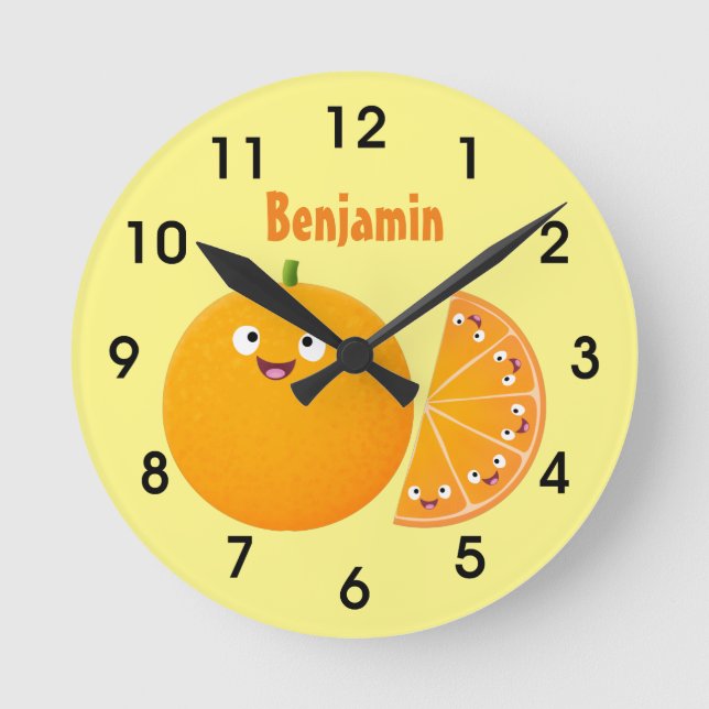 Cute happy orange citrus fruit cartoon round clock (Front)