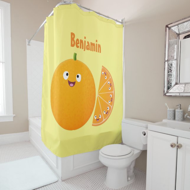 Cute happy orange citrus fruit cartoon shower curtain (In Situ)