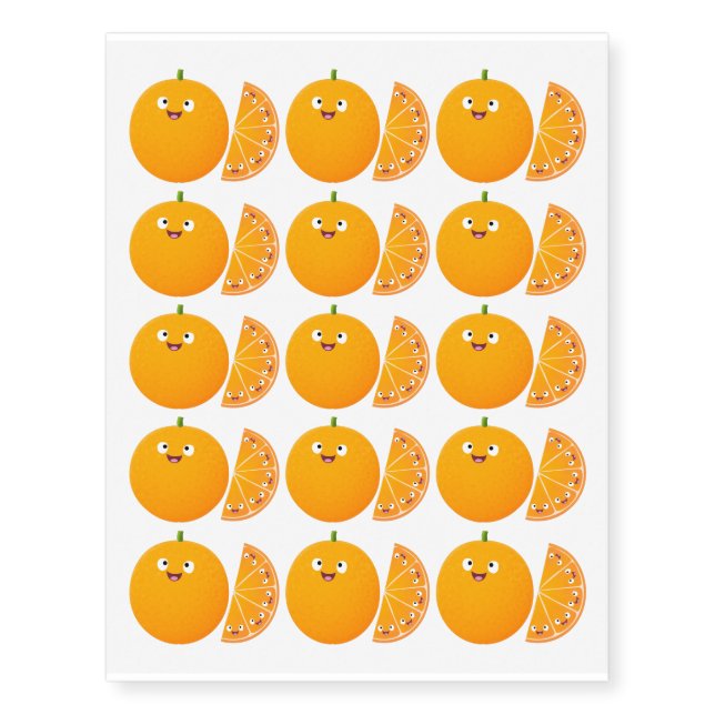 Cute happy orange citrus fruit cartoon temporary tattoos (Front)