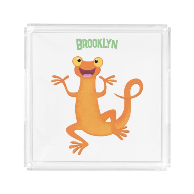 Cute happy orange dancing newt acrylic tray (Front)