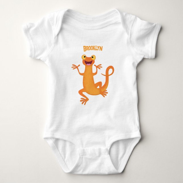 Cute happy orange dancing newt baby bodysuit (Front)