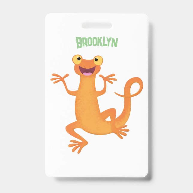 Cute happy orange dancing newt badge (Front)