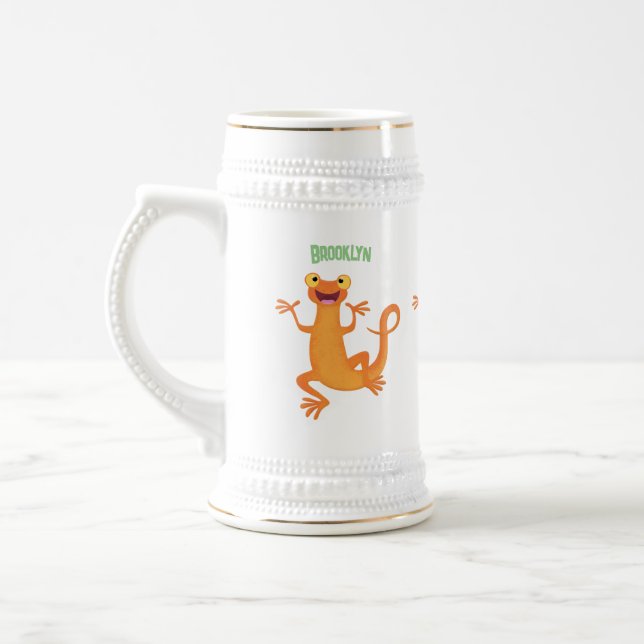 Cute happy orange dancing newt beer stein (Left)