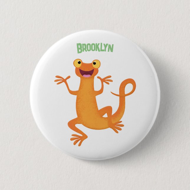 Cute happy orange dancing newt button (Front)