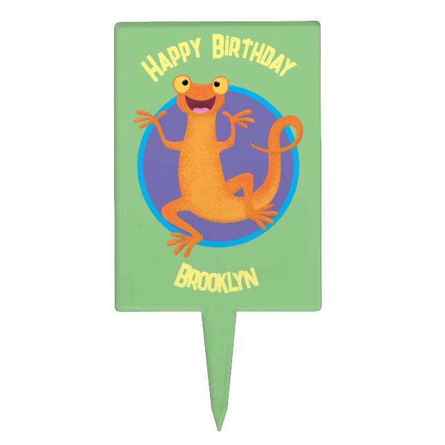 Cute happy orange dancing newt cake topper (Front)