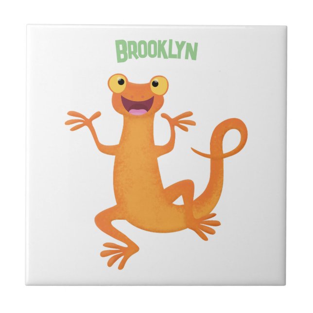 Cute happy orange dancing newt ceramic tile (Front)