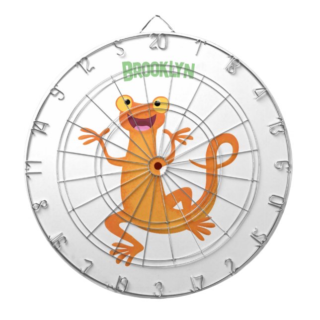 Cute happy orange dancing newt dart board (Front)