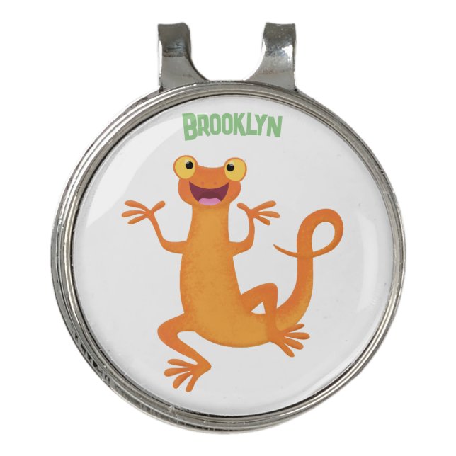 Cute happy orange dancing newt golf hat clip (Front)