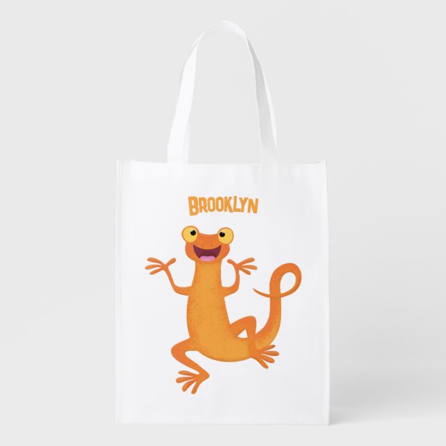 Cute happy orange dancing newt grocery bag (Front)