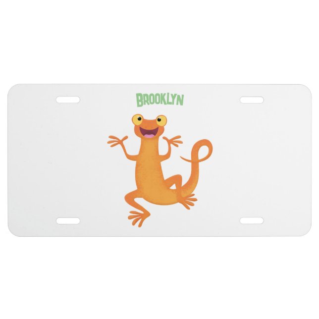 Cute happy orange dancing newt license plate (Front)