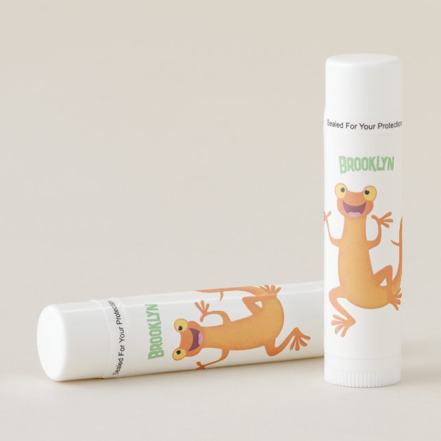 Cute happy orange dancing newt lip balm (Front)