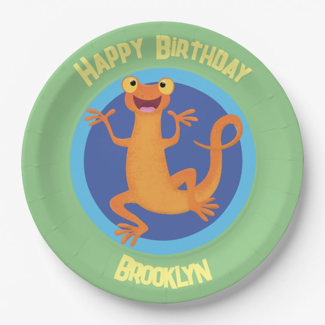 Cute happy orange dancing newt  paper plates (Front)
