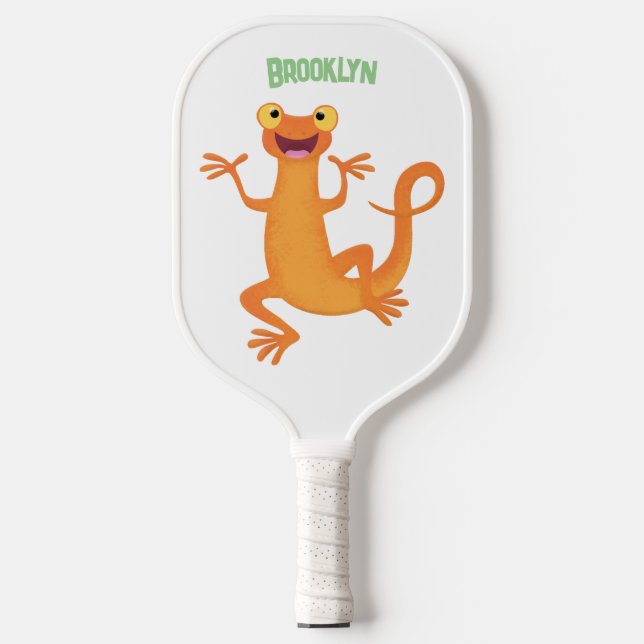 Cute happy orange dancing newt pickleball paddle (Front)