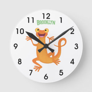 Cute happy orange dancing newt round clock