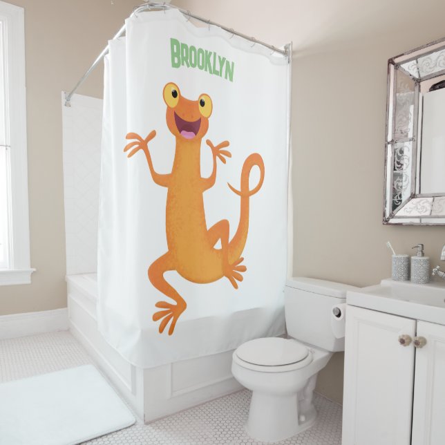 Cute happy orange dancing newt shower curtain (In Situ)
