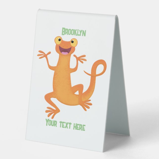 Cute happy orange dancing newt table tent (Front)