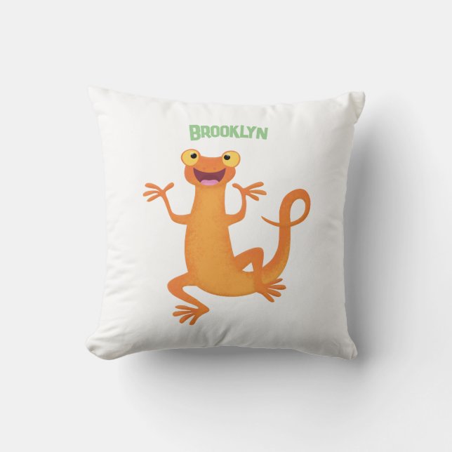 Cute happy orange dancing newt throw pillow (Front)