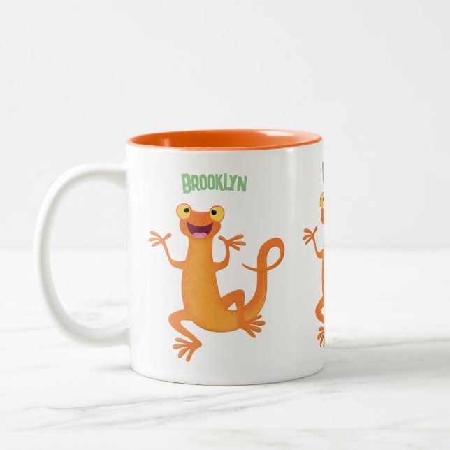 Cute happy orange dancing newt Two-Tone coffee mug (Left)