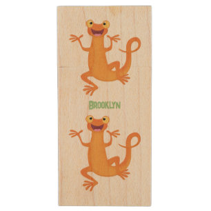 Cute happy orange dancing newt wood flash drive