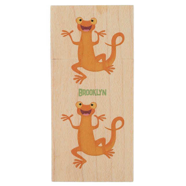 Cute happy orange dancing newt wood flash drive (Front Vertical)
