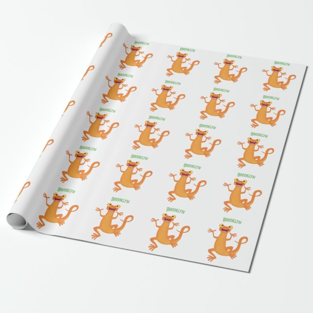 Cute happy orange dancing newt wrapping paper (Unrolled)