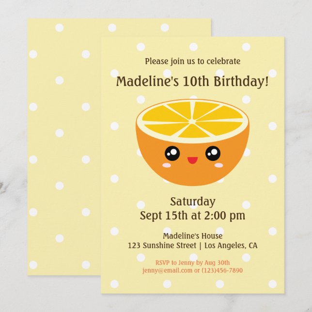 Cute Happy Orange Kids Birthday Party Invitation (Front/Back)
