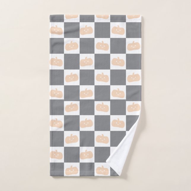 Cute Happy Orange Pumpkin with Checkerboard Hand Towel (Hand Towel)