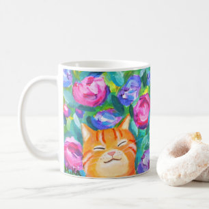 Cute Happy Orange Tabby Cat with Flowers Cat Lover Coffee Mug