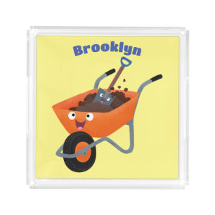 Cute happy orange wheelbarrow cartoon illustration acrylic tray