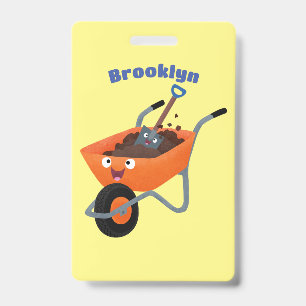 Cute happy orange wheelbarrow cartoon illustration badge