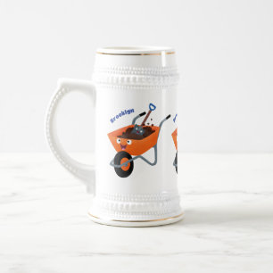 Cute happy orange wheelbarrow cartoon illustration beer stein