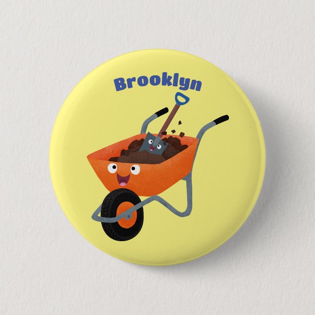 Cute happy orange wheelbarrow cartoon illustration button (Front)