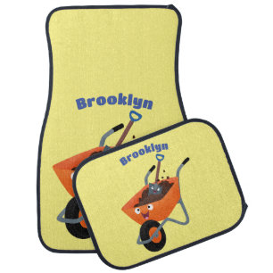 Cute happy orange wheelbarrow cartoon illustration car floor mat