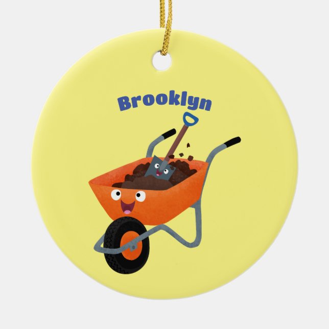 Cute happy orange wheelbarrow cartoon illustration ceramic ornament (Front)