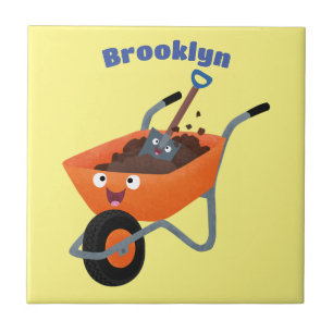 Cute happy orange wheelbarrow cartoon illustration ceramic tile