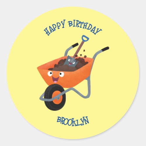 Cute happy orange wheelbarrow cartoon illustration classic round sticker