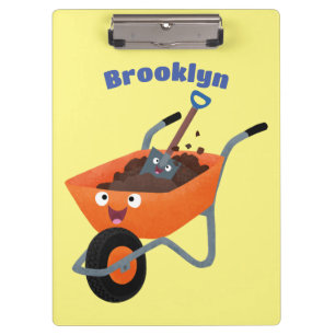 Cute happy orange wheelbarrow cartoon illustration clipboard