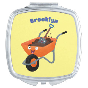 Cute happy orange wheelbarrow cartoon illustration compact mirror