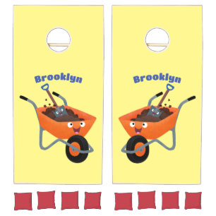 Cute happy orange wheelbarrow cartoon illustration cornhole set
