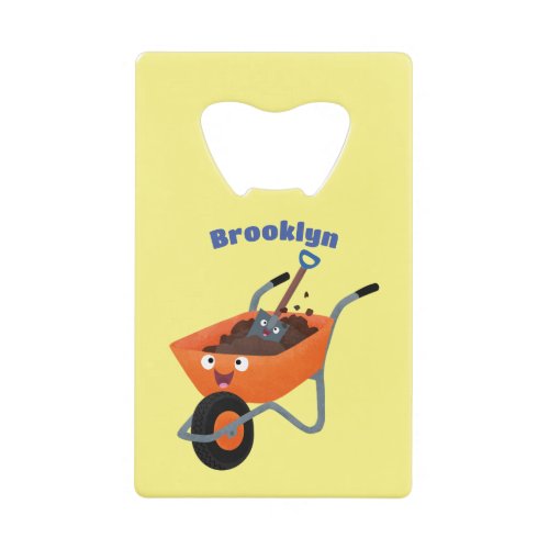 Cute happy orange wheelbarrow cartoon illustration credit card bottle opener