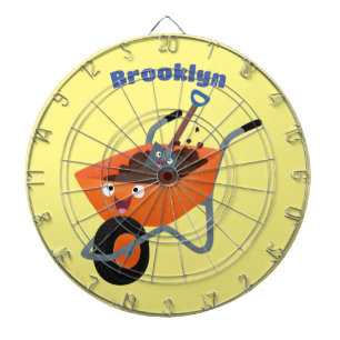 Cute happy orange wheelbarrow cartoon illustration dart board