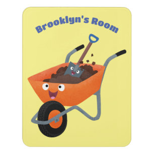 Cute happy orange wheelbarrow cartoon illustration door sign