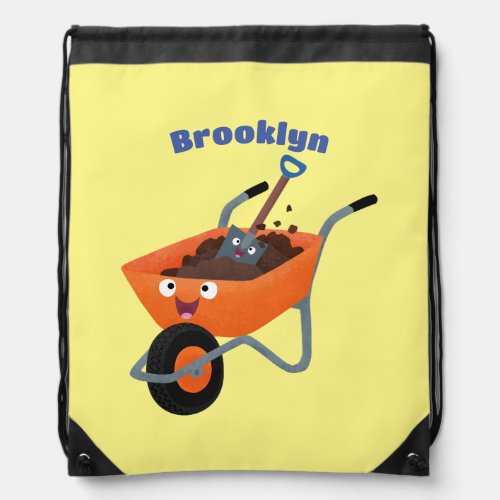 Cute happy orange wheelbarrow cartoon illustration drawstring bag