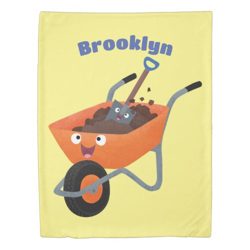 Cute happy orange wheelbarrow cartoon illustration duvet cover