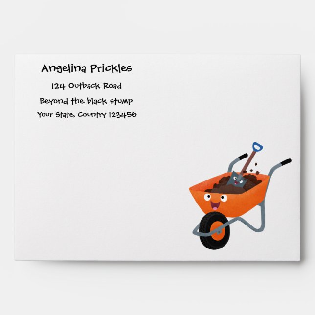 Cute happy orange wheelbarrow cartoon illustration envelope (Front)