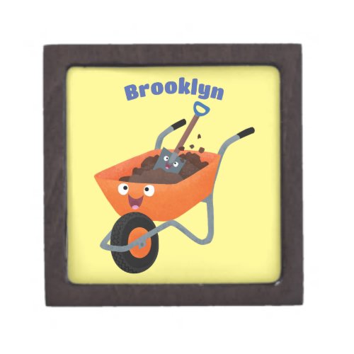 Cute happy orange wheelbarrow cartoon illustration gift box