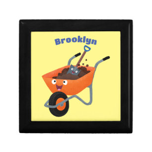 Cute happy orange wheelbarrow cartoon illustration gift box