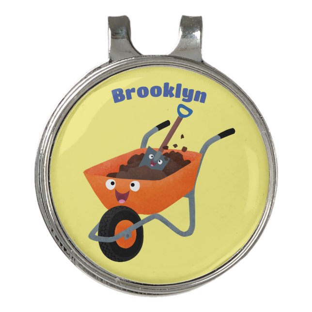 Cute happy orange wheelbarrow cartoon illustration golf hat clip (Front)