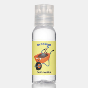 Cute happy orange wheelbarrow cartoon illustration hand sanitizer
