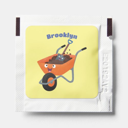 Cute happy orange wheelbarrow cartoon illustration hand sanitizer packet